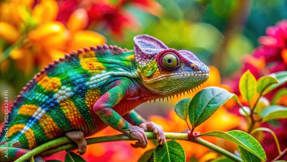 Obraz premium Vibrant chameleon on a branch in colorful foliage, displaying its impressive camouflage abilities amidst lush green leaves and vibrant flowers, chameleon, greenery