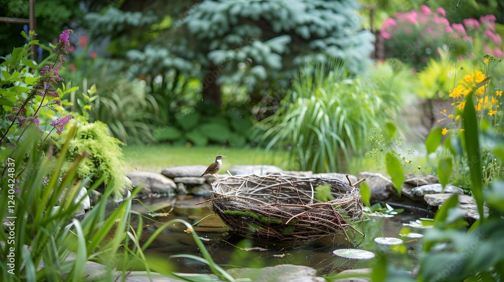 Simple bird's nest in a tranquil backyard pond area Simple bird's nest in a tranquil backyard pond area