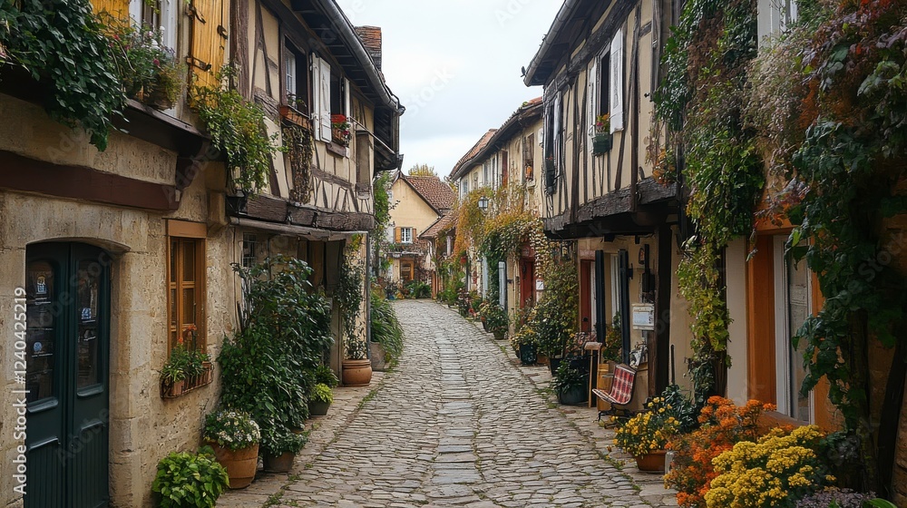 Fototapeta premium A charming cobblestone street lined with rustic buildings adorned with greenery and flowers, creating a picturesque village atmosphere.