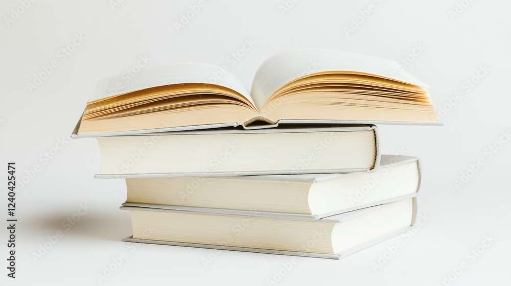 Stack of Books, Open Book on Top, Knowledge and Reading Concept Stack of Books, Open Book on Top, Knowledge and Reading Concept