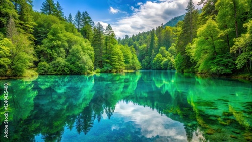Serene clear turquoise lake reflecting lush green forest canopy with tall trees and vibrant foliage surrounded by tranquility, clear water, turquoise lake