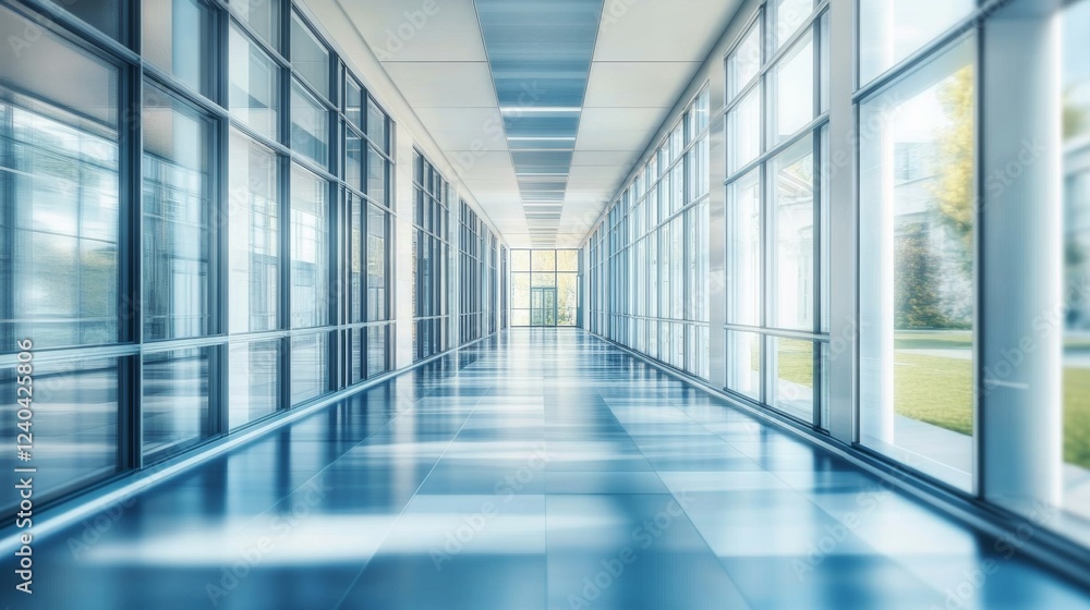 Blurred hallway interior view of a modern building with glass entrance curtain wall and exterior light Blurred hallway interior view of a modern building with glass entrance curtain wall and exterior light