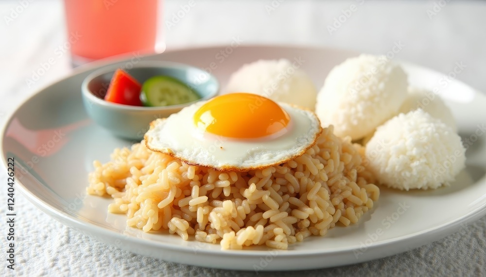 Delicious fried egg on savory rice with fresh sides, a tempting food still life Delicious fried egg on savory rice with fresh sides, a tempting food still life