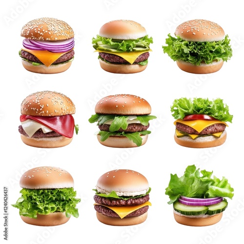 Delicious Variety of Gourmet Burgers, Close up of Nine Mouthwatering Cheeseburgers with Different Toppings, Isolated on White Background Cutout