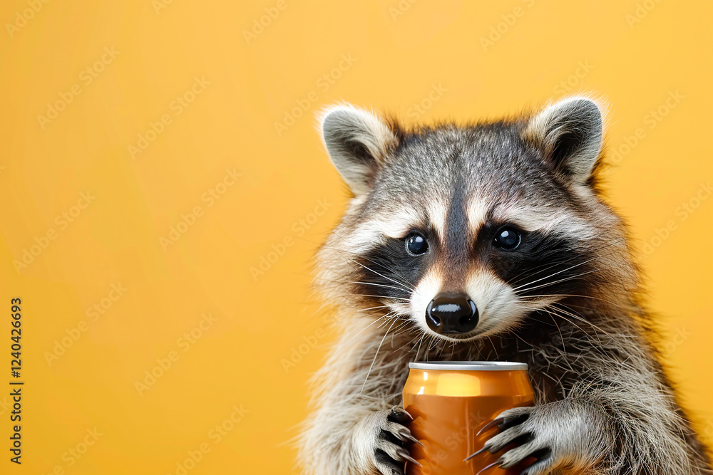 A raccoon posing with a red soda can against a yellow backdrop, creating a cheerful and unique moment. A raccoon posing with a red soda can against a yellow backdrop, creating a cheerful and unique moment.