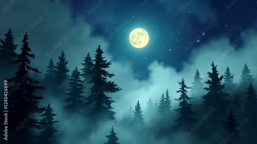 Misty Forest Night Scene Full Moon Background Video Misty Forest Night Scene Full Moon Background Video