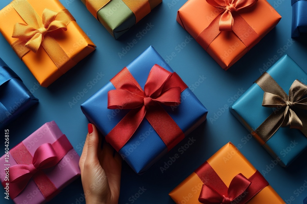 Colorful wrapped presents arranged on a blue surface with a hand reaching for a blue gift Colorful wrapped presents arranged on a blue surface with a hand reaching for a blue gift
