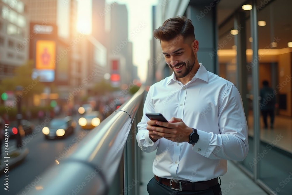 Man is looking at his phone while standing on balcony Man is looking at his phone while standing on balcony