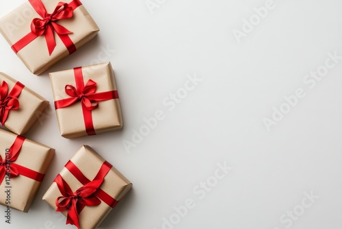 Wallpaper Mural Decoratively wrapped gifts with red ribbons arranged on a light background for a joyful celebration or special occasion Torontodigital.ca