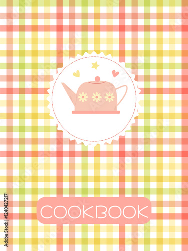 cover page for a recipe book with a cute pink teapot on a checkered background