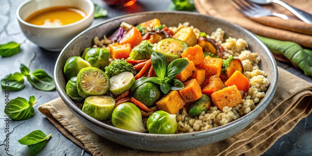 Brown quinoa bowl with roasted vegetables such as sweet potatoes carrots and Brussels sprouts, topped with a citrus vinaigrette dressing, nutritious meal, roasted vegetables Brown quinoa bowl with roasted vegetables such as sweet potatoes carrots and Brussels sprouts, topped with a citrus vinaigrette dressing, nutritious meal, roasted vegetables