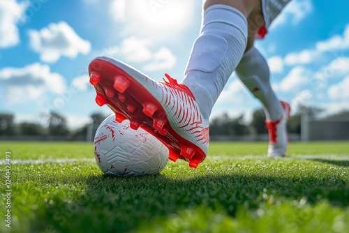 A close-up of a soccer boot with red and white stripes, in an all-red colorway, stepping on a football on a green grass field, with a sunny day background, captures dynamic motion.

