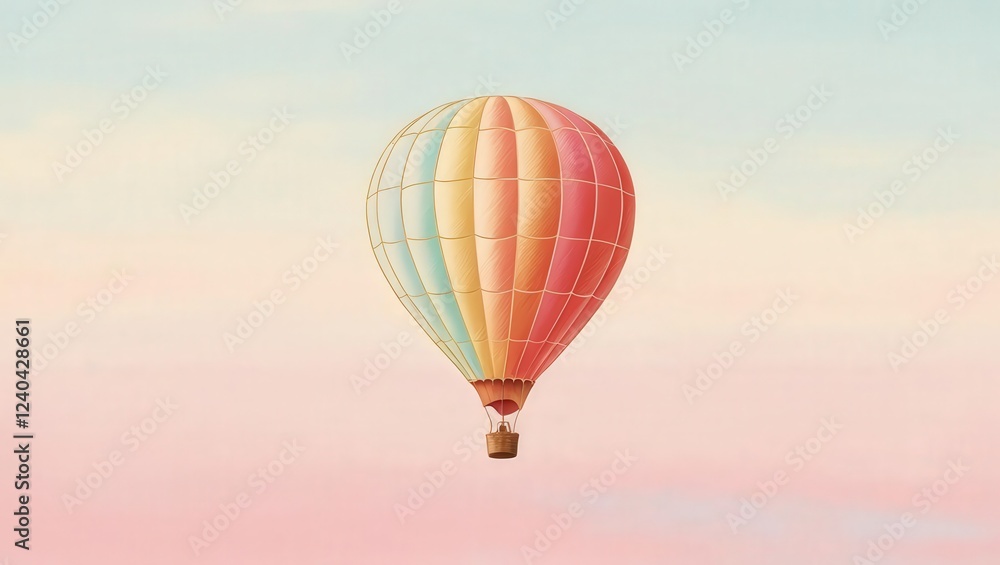Fototapeta premium Pastel Hot Air Balloon: A vibrant, multicolored hot air balloon drifts serenely against a soft pastel sky, evoking a sense of wonder and adventure.