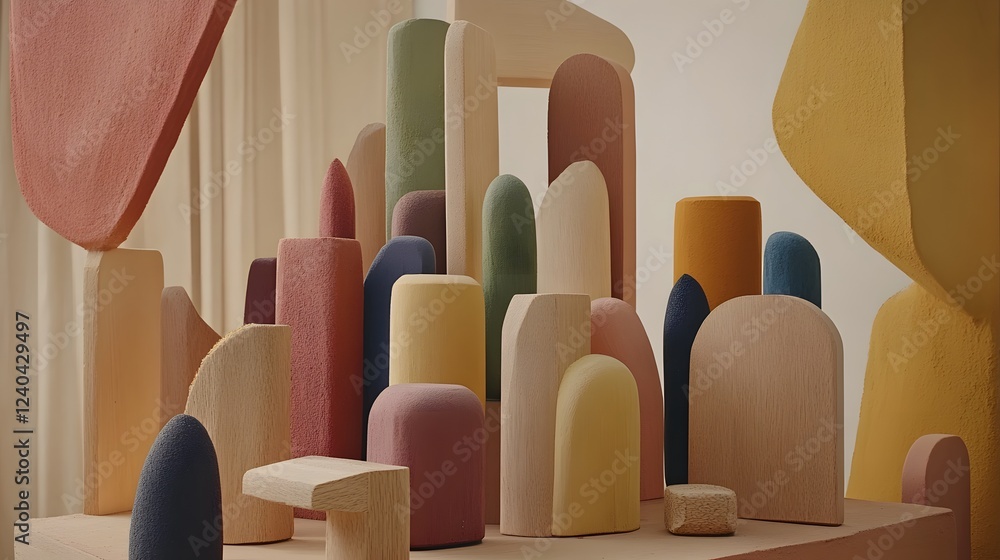 Fototapeta premium Abstract Colorful Wooden Cityscape Blocks Minimalist Art