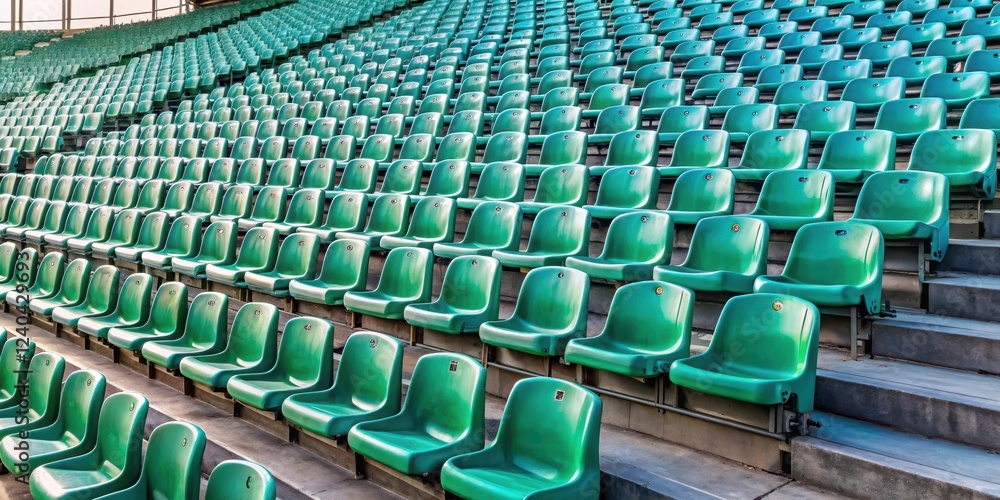 Fototapeta premium An empty row of plastic stadium seats with no spectators in sight, emptiness, solitary fanless