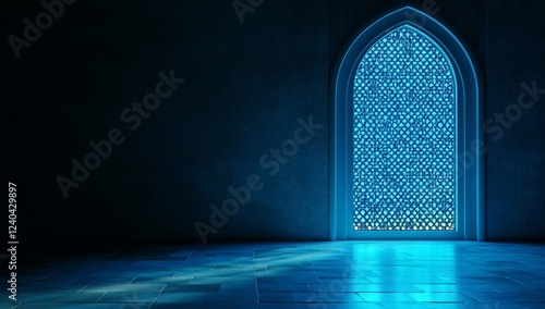Glowing arched doorway, dark interior, blue light, islamic design, website banner