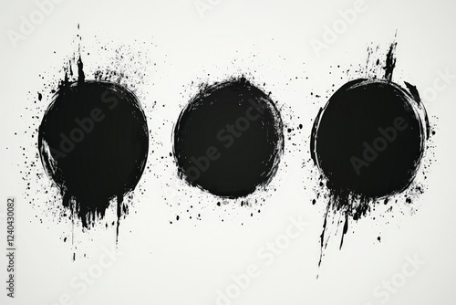 Abstract art featuring three bold black circles with dynamic splatter effects on a light background photo