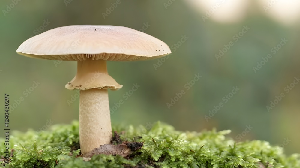 Close-up of Single Beige Mushroom Growing on Moss Close-up of Single Beige Mushroom Growing on Moss