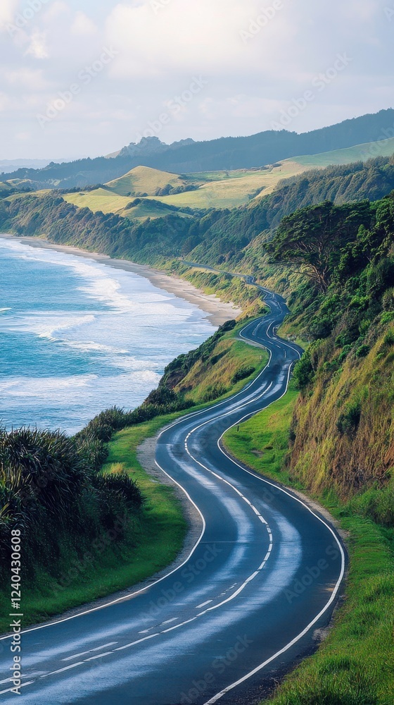 A scenic coastal road winds through lush greenery, offering stunning views of the ocean and rolling hills under a cloudy sky. A scenic coastal road winds through lush greenery, offering stunning views of the ocean and rolling hills under a cloudy sky.