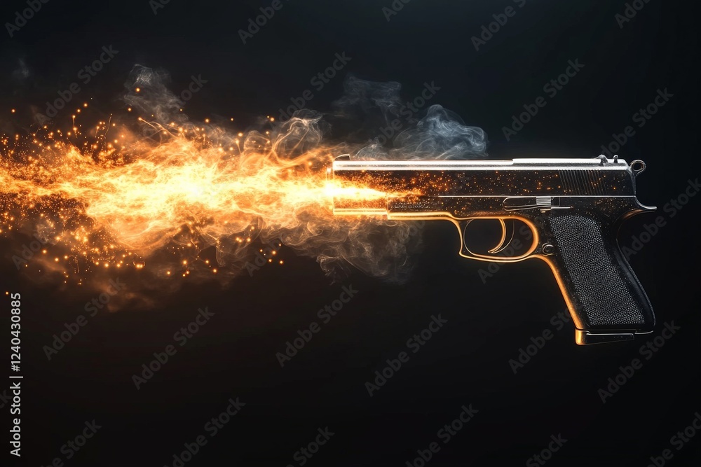 Creative representation of a gun firing with bright sparks and smoke in a dark background emphasizing motion and intensity Creative representation of a gun firing with bright sparks and smoke in a dark background emphasizing motion and intensity