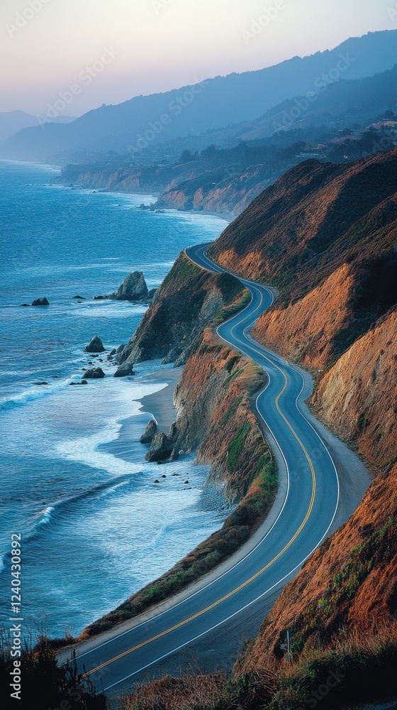 A scenic coastal road winds along cliffs by the ocean, showcasing the beauty of nature against a backdrop of mountains and blue waters. A scenic coastal road winds along cliffs by the ocean, showcasing the beauty of nature against a backdrop of mountains and blue waters.