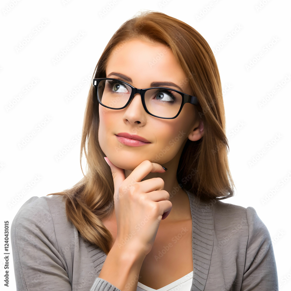 Woman with Glasses Thinking on white Background Woman with Glasses Thinking on white Background