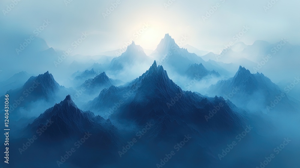 A minimalist landscape of sharp mountain peaks surrounded by a luminous mist A minimalist landscape of sharp mountain peaks surrounded by a luminous mist
