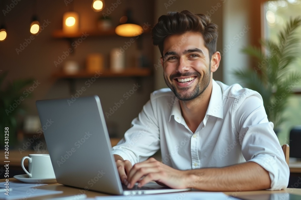 Man is smiling while using his laptop at table Man is smiling while using his laptop at table