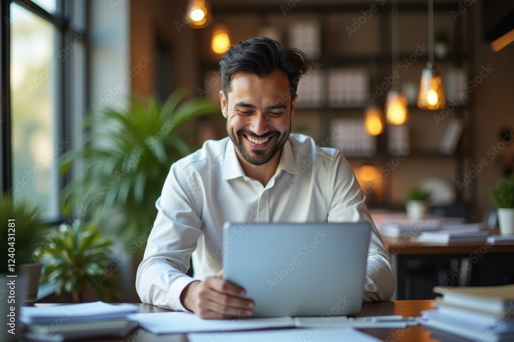 Smiling bearded man in white shirt using laptop computer working remotely at cozy modern cafe with warm lighting and green plants ideal for business, technology, remote work, lifestyle Smiling bearded man in white shirt using laptop computer working remotely at cozy modern cafe with warm lighting and green plants ideal for business, technology, remote work, lifestyle