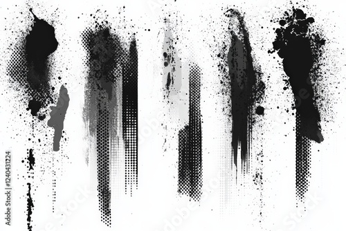 Creative black and white splashes with varying textures and patterns in an abstract composition