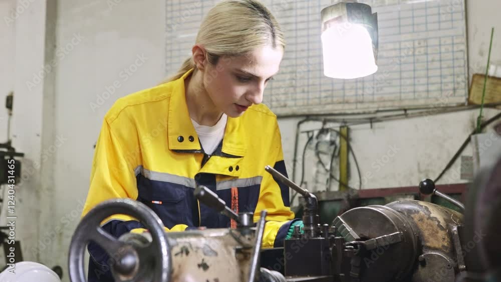 Female lathe operator working in metal turning workshop in professional factory. Metal lathe operator using vernier caliper measuring tool to measure metal workpiece carefully on lathe bed.