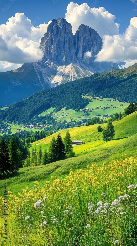 Fototapeta premium A stunning mountain landscape featuring lush green hills, colorful wildflowers, and majestic clouds surrounding a prominent peak.