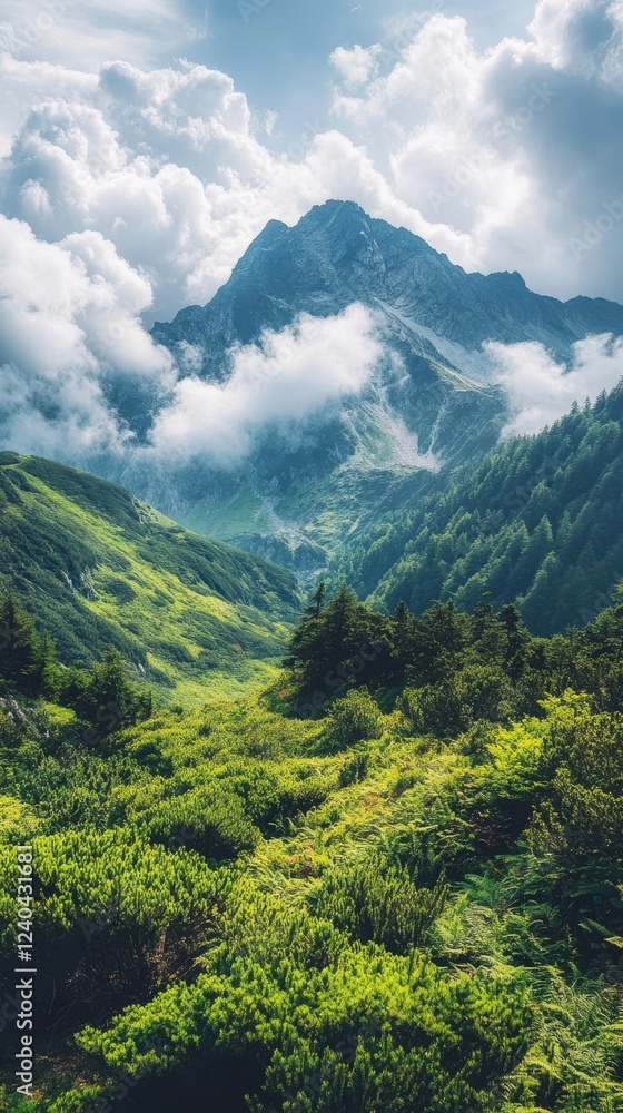 A breathtaking mountain landscape with lush greenery, rolling hills, and dramatic clouds, evoking a sense of tranquility and natural beauty. A breathtaking mountain landscape with lush greenery, rolling hills, and dramatic clouds, evoking a sense of tranquility and natural beauty.