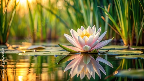 Serene Water Lily Blossom Reflecting in a Calm Pond at Sunset, Illuminated by Golden Hour Light