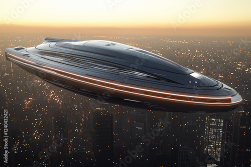 Futuristic Spaceship Soaring Over Cityscape at Dawn