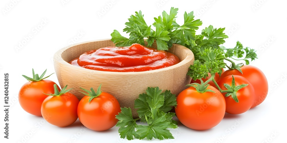Delicious Tomato Ketchup in Wooden Bowl with Fresh Tomatoes and Parsley Delicious Tomato Ketchup in Wooden Bowl with Fresh Tomatoes and Parsley