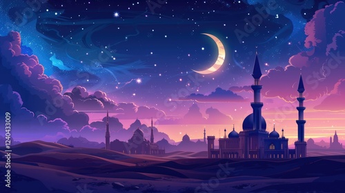 Desert Mosque Underneath a Crescent Moon and Starry Night Background