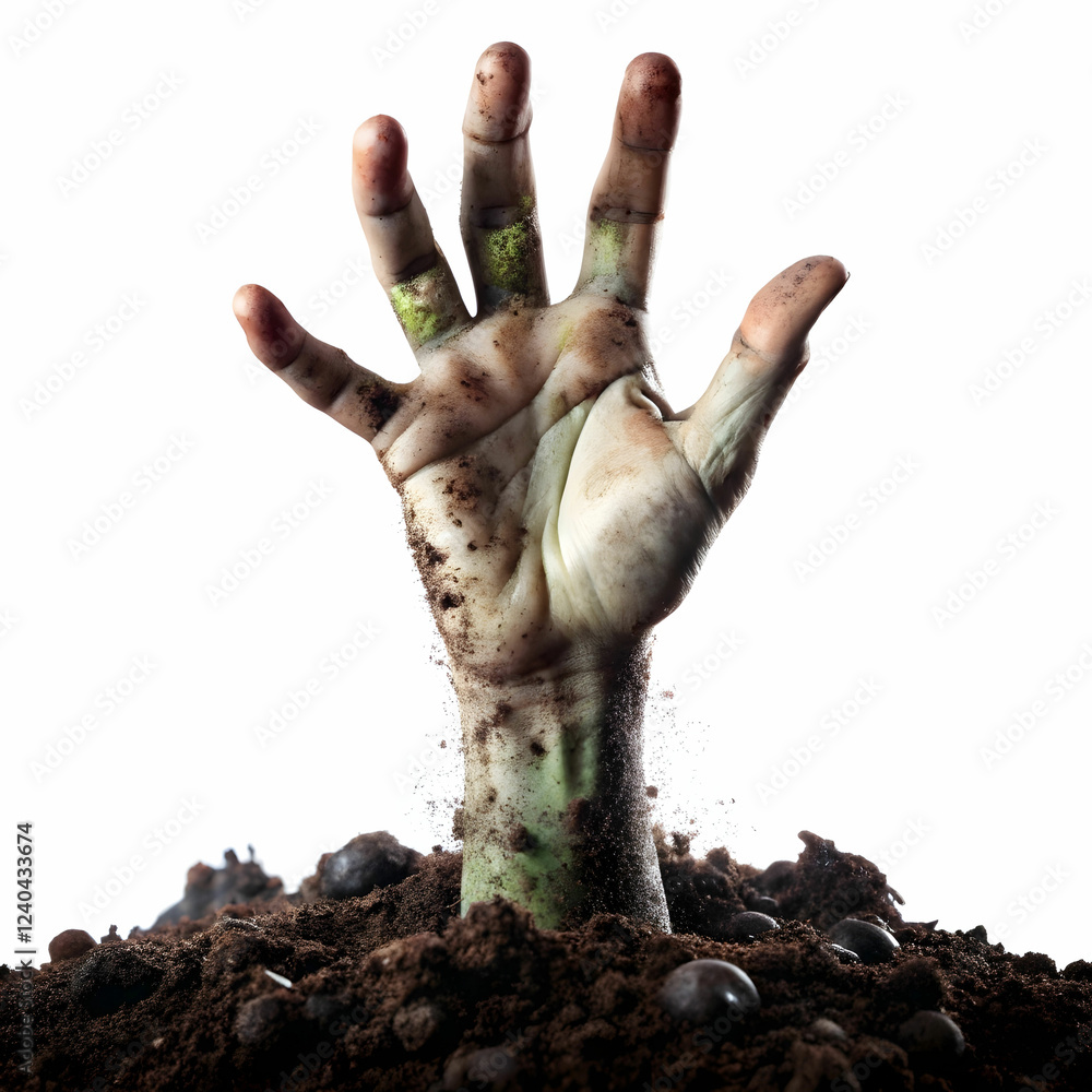 Zombie Hand Coming Out of Soil isolated on white Background Zombie Hand Coming Out of Soil isolated on white Background