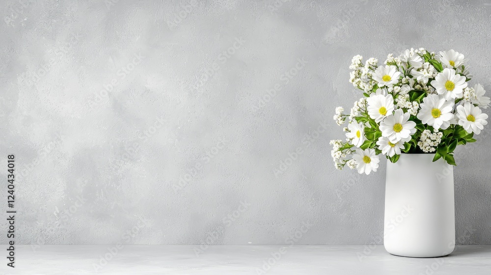 Fototapeta premium White daisies in vase, grey background, spring, home decor