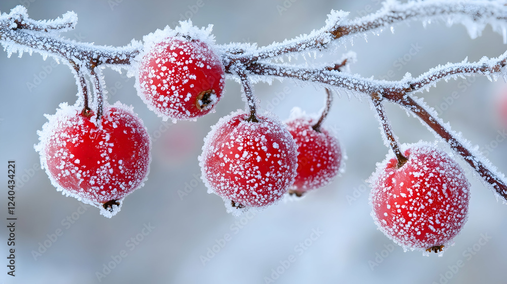 Frosty Red Berries on Branch with Icy Snowy Background Frosty Red Berries on Branch with Icy Snowy Background