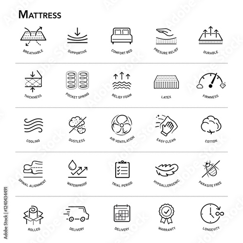 Mattress for sleeping icon set. The outline icons are well scalable and editable. Contrasting elements are good for different backgrounds. EPS10.	