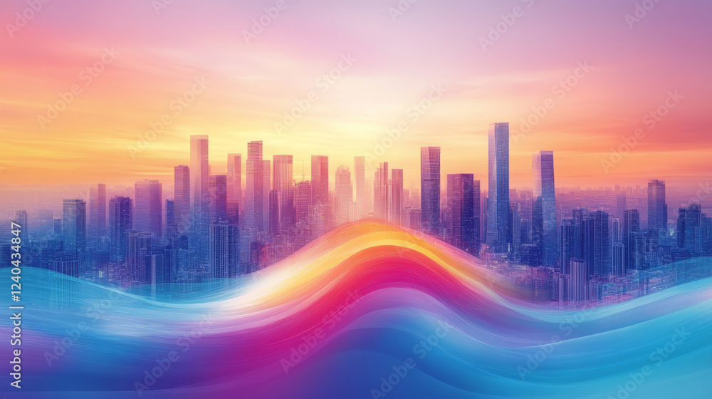 Fototapeta premium Gradient colored lines and city skyline technology business theme background