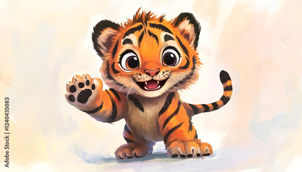 Adorable Baby Tiger Cub Waving Hello Cheerfully Adorable Baby Tiger Cub Waving Hello Cheerfully
