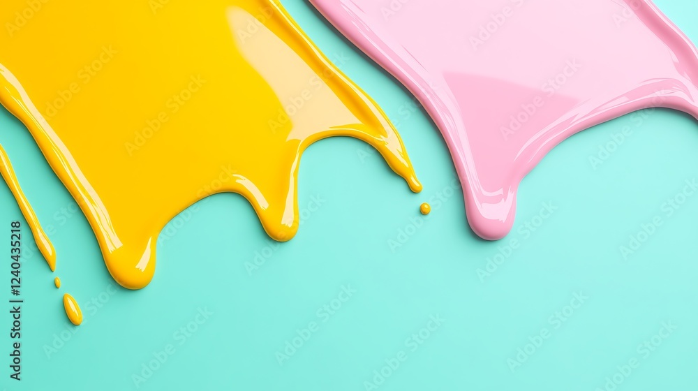 Obraz premium Bright Yellow and Pink Paint Drips on Aquamarine Background Creating a Playful and Colorful Texture
