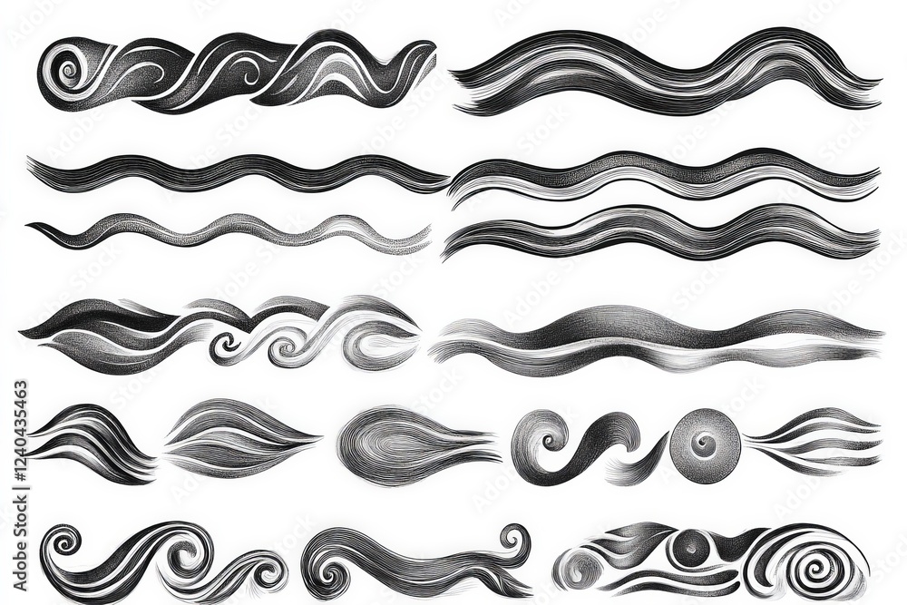 Artistic black and white wave and swirl designs created for graphic and illustration purposes Artistic black and white wave and swirl designs created for graphic and illustration purposes