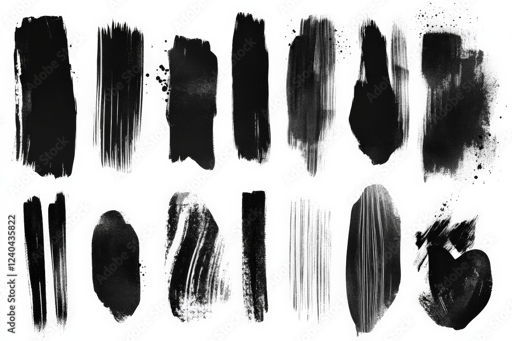 Diverse collection of black brush strokes showcasing texture and artistic expression for design projects Diverse collection of black brush strokes showcasing texture and artistic expression for design projects