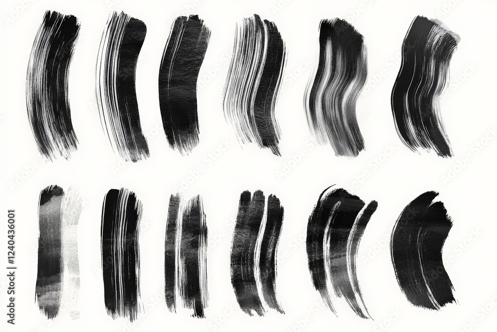 Black abstract brush strokes on a white background showcasing artistic textures and styles in modern design Black abstract brush strokes on a white background showcasing artistic textures and styles in modern design