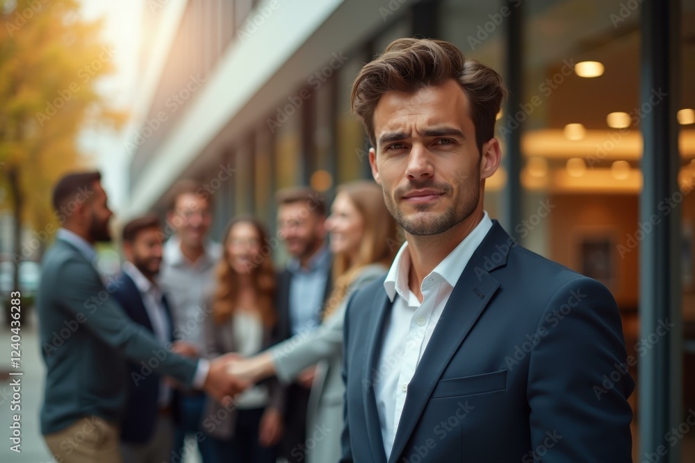 Man is shaking hands with other people in background Man is shaking hands with other people in background