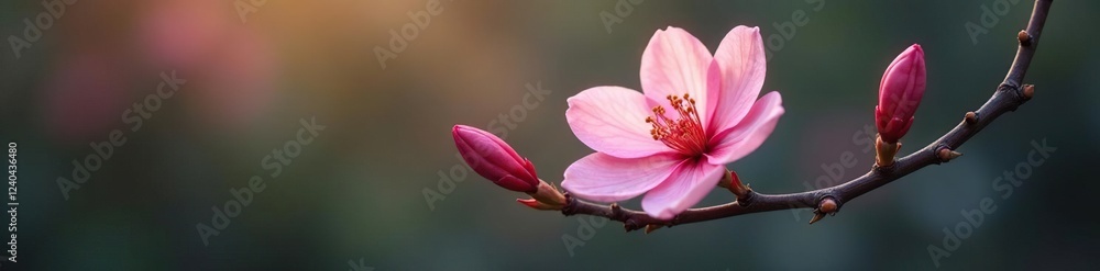 Fototapeta premium Delicate pink petals unfurl from slender branch, flower, branch