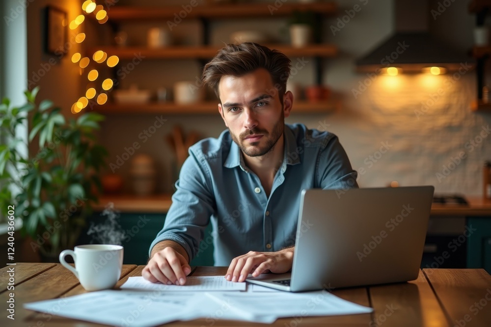 Man is sitting at table with laptop and papers Man is sitting at table with laptop and papers